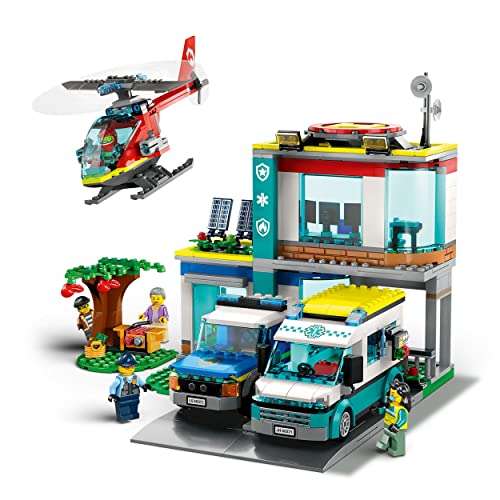 LEGO 60371 City Hauptquartier der Rettungsfahrzeuge mit Feuerwehr-Hubschrauber, Krankenwagen, Motorrad und Polizeiauto