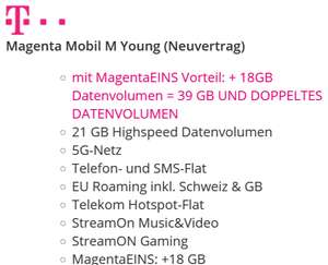 Sim Only, Telekom Netz: Telekom Magenta Eins Mobil M Young Allnet/SMS Flat 39GB 5G 24,95€ monatlich, effektiv 12,74€ durch 333€ Auszahlung