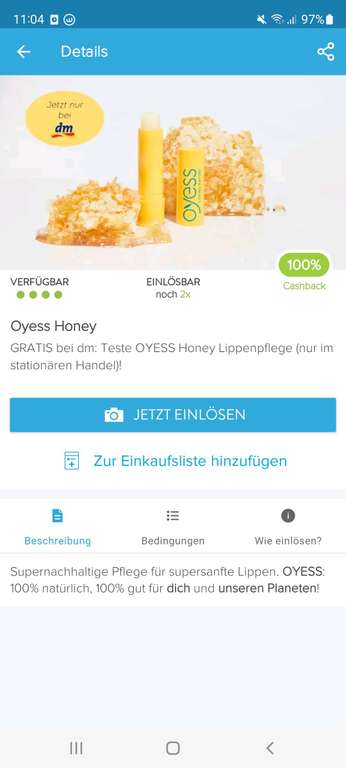 [DM] (Marktguru) 2× Oyess Honey Lippenpflege 100% GRATIS [GzG] nur am 31.10!