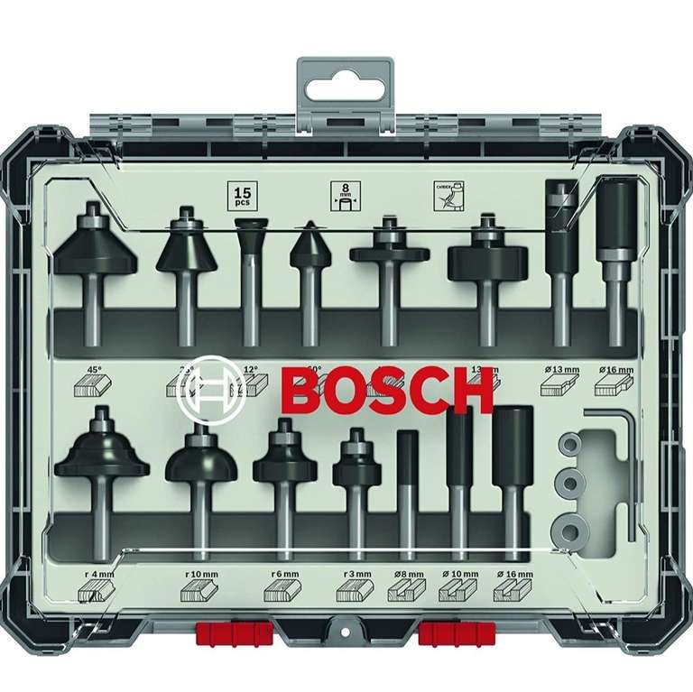 Bosch Professional 15tlg. Fräser Set Mixed (für Holz, Zubehör Oberfräsen mit 8 mm Schaft) PRIME