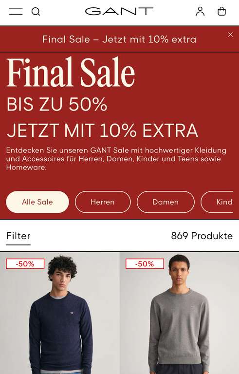 Sale bei Gant - Bis zu 50% und -10% on Top!!