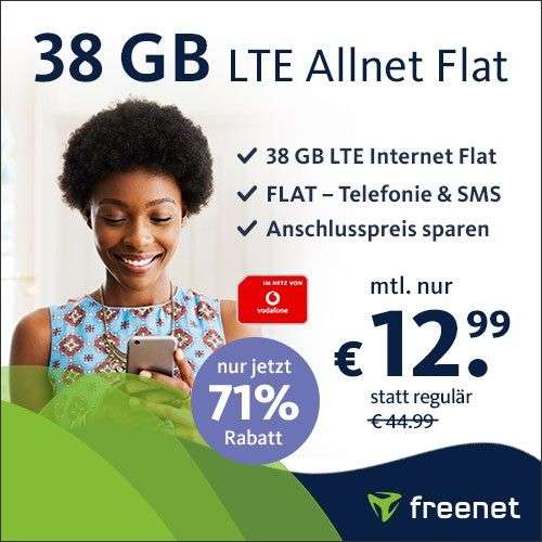 [Vodafone-Netz] 38 GB green LTE Tarif für 12,99€ / Monat von freenet mit 100 Mbit/s + VoLTE, WLAN Call & Allnet- & SMS-Flat & erstmals 0€ AG