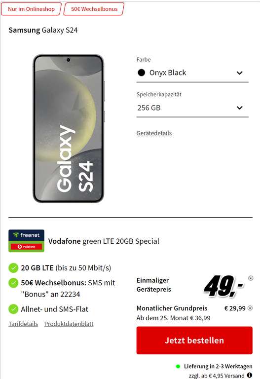 Vodafone Netz: Samsung Galaxy S24 256GB im Allnet/SMS Flat 20GB LTE 29,99€/Monat, 49€ Zuzahlung, 50€ Wechselbonus