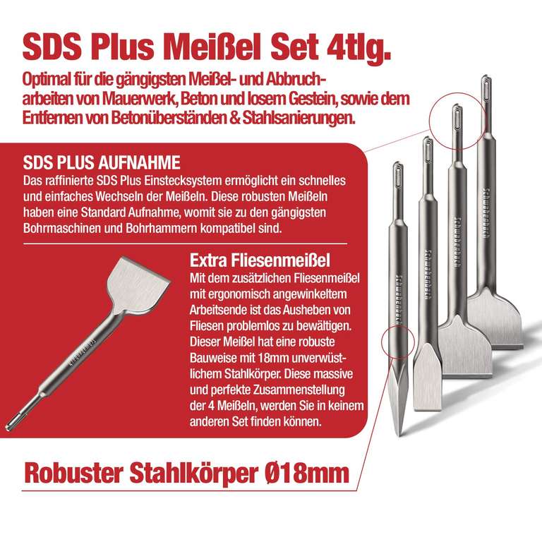 Schwabenbach SDS PLUS Meißel Set - 4tlg. 25mm + 50mm + 50mm (Abgewinkelt) + Spitzmeißel