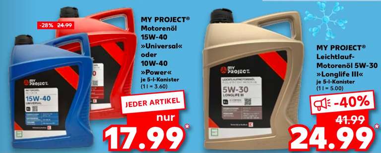 (Kaufland) MyProject Motoröl Longlife III 5W30 5-Liter-Kanister (auch 15W40 Universal und 10W40 Power für 17,99 € erhältlich)