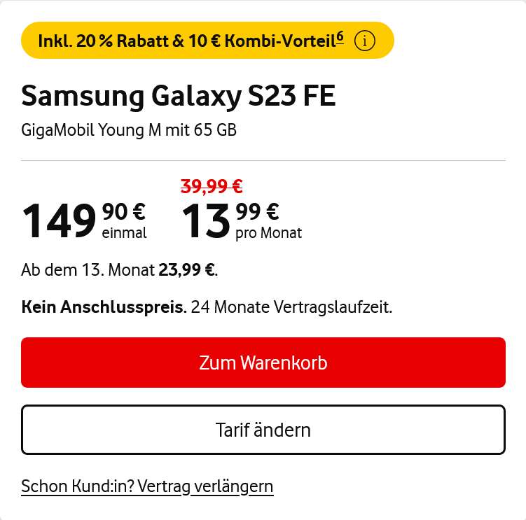 Vodafone Netz, Young GigaKombi: Samsung Galaxy S23 FE im Allnet/SMS Flat 65GB 5G für 405,66€ durch 320€ Bonus, 0€/Monat nach Ankauf