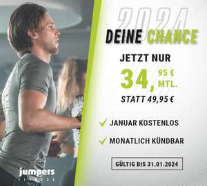 Jumpers fitness Neujahrs Deal: Ultra Tarif, monatlich kündbar für 34,95€ mtl. zzgl. Starterpauschale / Januar Gratis