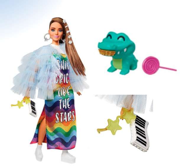 Shady Dilara Barbie mit Regenbogenkleid + Haustier-Krokodil mit Grills & Lolli