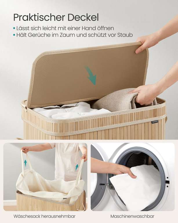 SONGMICS Wschekorb Bambus 100L mit Deckel, herausnehmbarer Wschesack,  Griffe  bei Amazon