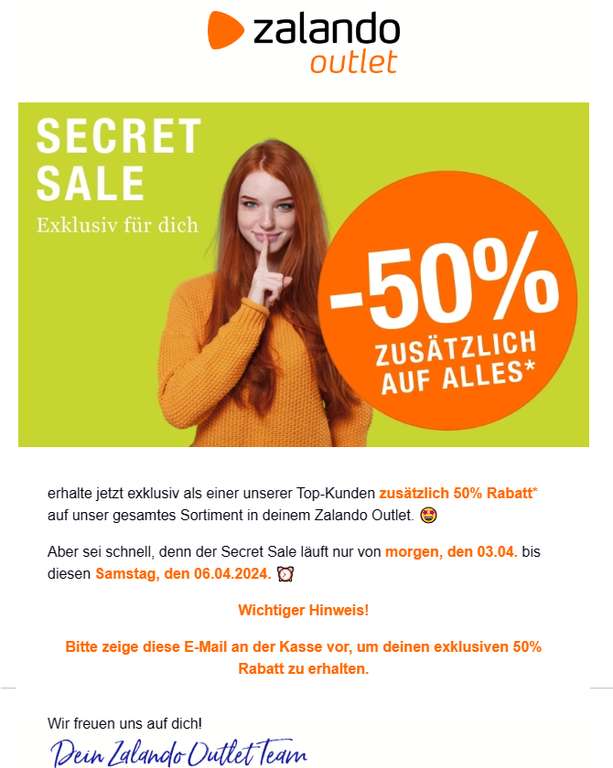 [Zalando Outlet| personalisiert per Newsletter] Secret Sale 50% auf Alles 03.04.-06.04.2024 mit Zalando Outlet Card