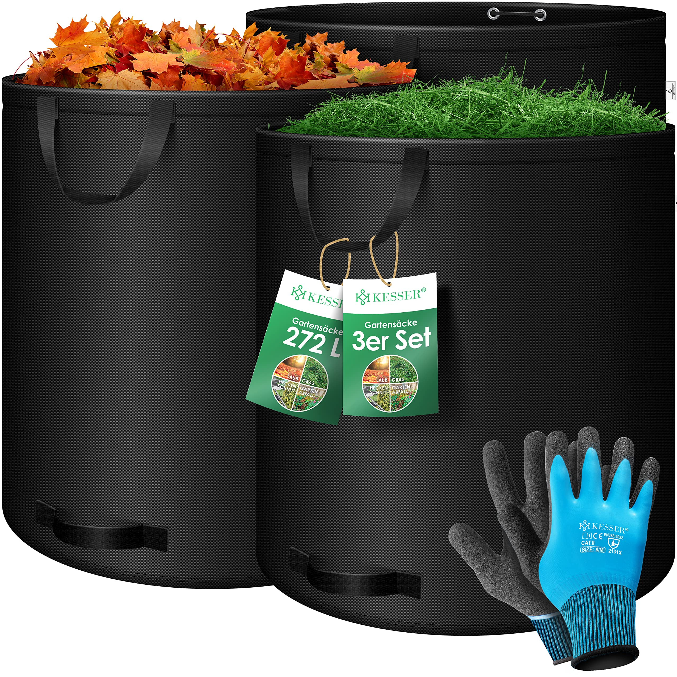[Prime] KESSER Gartensack 3x 272L Set Laubsack Gartenabfallsack inkl. Handschuhe Schwarz oder Grün