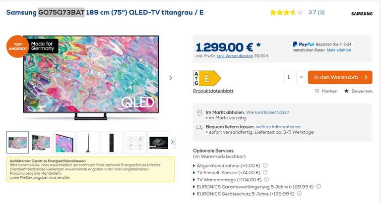 Samsung GQ75Q73BAT 189 cm (75") QLED-TV titangrau / E bei Euronics