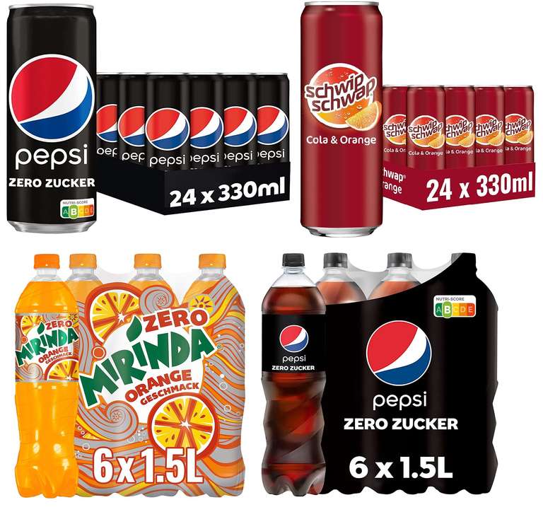 Getränke Sammeldeal, z.B. 24 x 0,33l Dosen "Pepsi Zero Zucker" oder "Schwipp Schwapp"für 8,75€ | 6x1,5l Mirinda Light 4,81€ [Prime Spar-Abo]