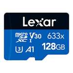 [Prime] Lexar 633x 128GB Micro SD Karte, microSDXC UHS-I Speicherkarte + SD-Adapter, Bis zu 100 MB/s Lesen, mit A1, C10, U3, V30