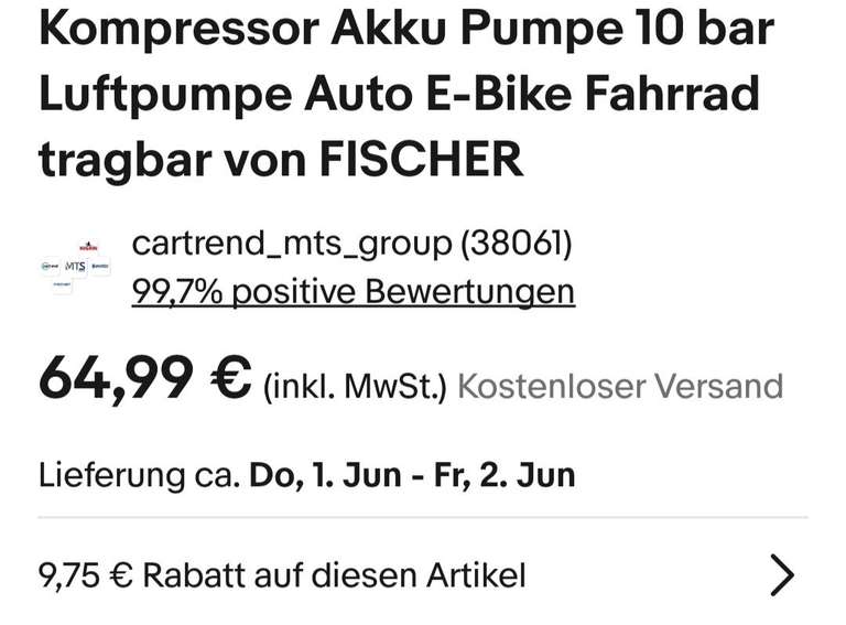 FISCHER tragbarer Kompressor Akku Pumpe 10 bar Luftpumpe Auto E-Bike Fahrrad, Versandkostenfrei
