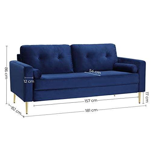 Songmics Vasagle 3-Sitzer Sofa blau (181 x 82 x 86 cm, Max. statische Belastbarkeit insgesamt: 300 kg, Bezug aus Samt)