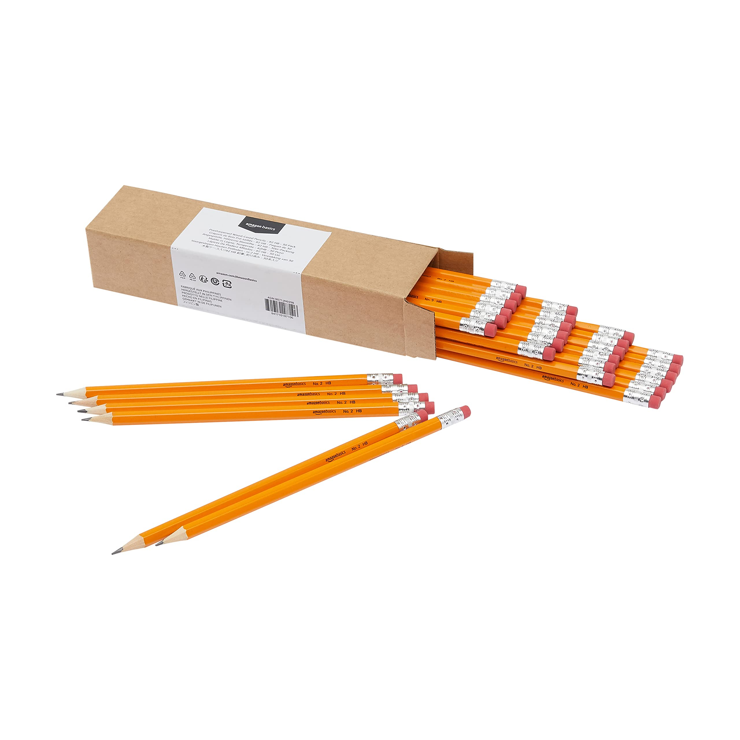 (Prime+Sparabo) Amazon Basics Graphit-HB-2-Bleistifte mit Holzschaft, vorgespitzt, nicht schmierende Radierspitze, Schule, 30er-Pack