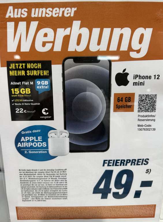 Lokal expert Bad Breisig iPhone 12 Mini inkl. Airpods 2 mit Congstar Allnet Flat 15 GB 22€ mtl. Gesamt 592€
