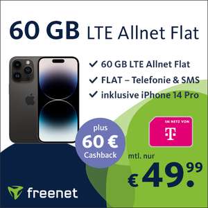 [Normalos | Telekom-Netz] Apple iPhone 14 Pro & Telekom freenet mit 60GB + Allnet-Flat für 49,99€ mtl. + 34,99€ ZZ + 0€ AG | 60€ Cashback