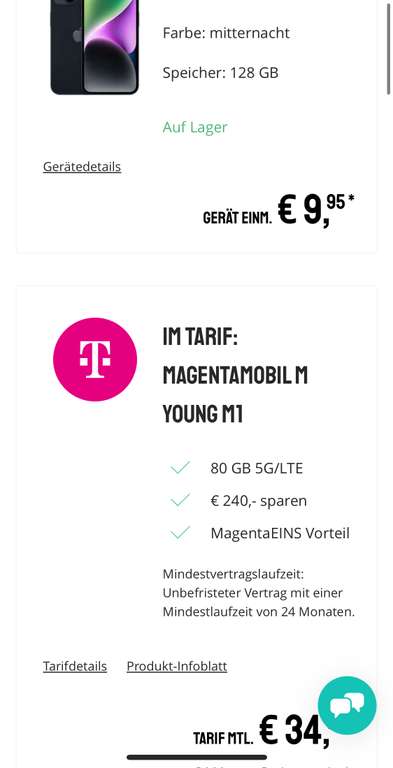 Sparhandy Telekom MagentaEins Young 80 GB IPhone 14 Zz 9€