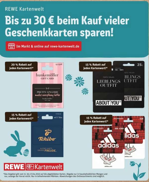 [Rewe-Kartenwelt] 15% Rabatt auf About You, Tchibo & Adidas & 20% auf Hunkemöller-Geschenkkarten | 500 Extra Payback Punkte für ja! mobil