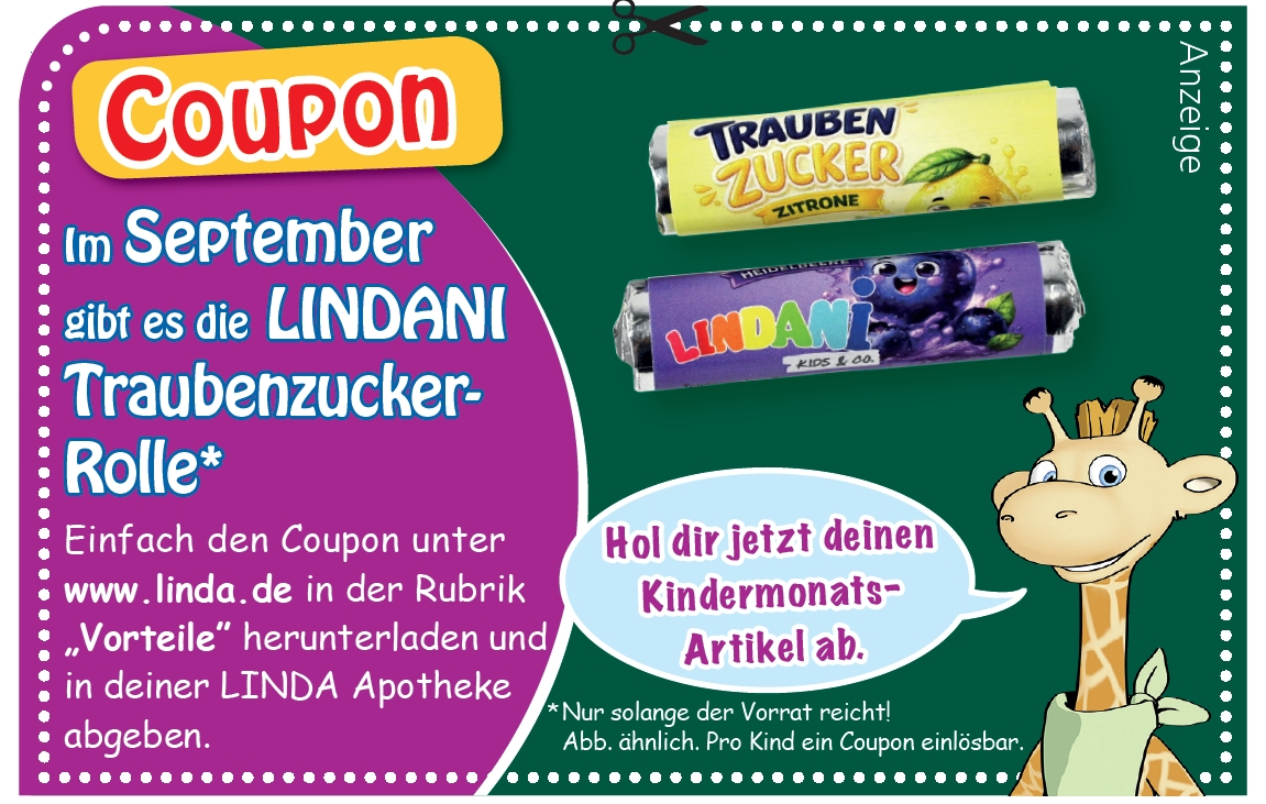[LINDA Apotheken] Im September für Kinder kostenlose LINDANI Traubenzucker-Rolle abholen