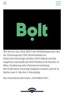 [Lokal/Berlin] 50% Rabatt bei Bolt (E-Scooter, Bike, Carsharing, Fahrtenvermittlung ("Taxi"))