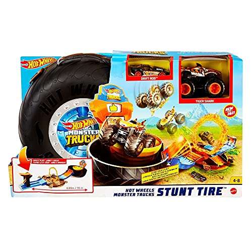Hot Wheels Monster Trucks Stunt Tire - Playset Opens to Reveal Stunt Arena & Launcher - Includes 1 1:64 Scale Car & 1 Monster Truck