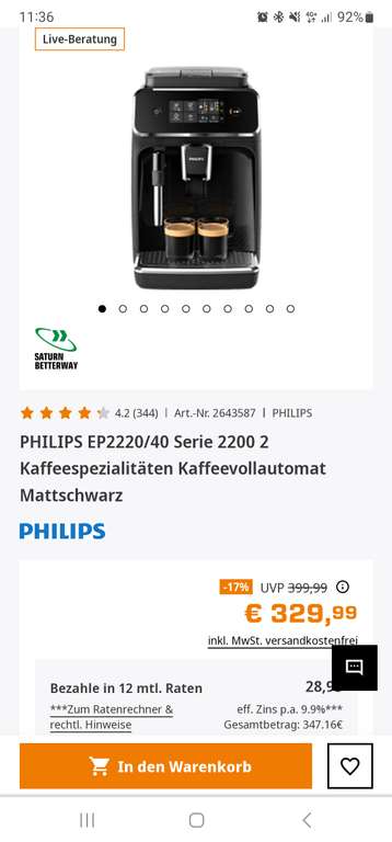 Philips Kaffeevollautomat EP 2220/40 bei Saturn am Leipziger Platz