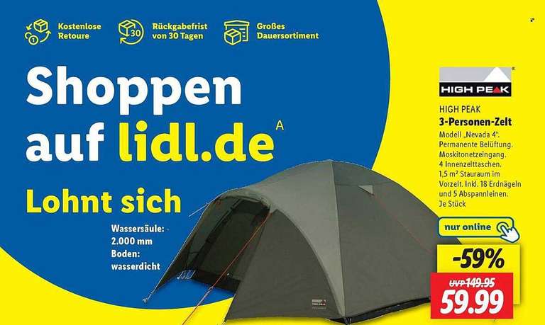 Nevada Zelt High Peak Nevada 3/4  Kuppelzelt mit Vorbau, Moskitonetz at  Lidl - 59,99