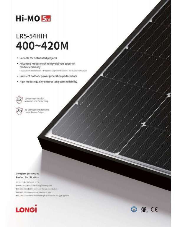 1 X LONGI Solar Modul, 410 WATT Panel, Black Frame- Schwarzer Rahmen, PV Photovoltaik [ABHOLPREIS-LOKAL-DÜSSELDORF od. Viersen]