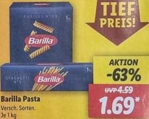 [Lidl] Barilla Pasta verschiedene Sorten je 1 kg für 1,69€ (500g = 0,85€) | 03.04. - 08.04.