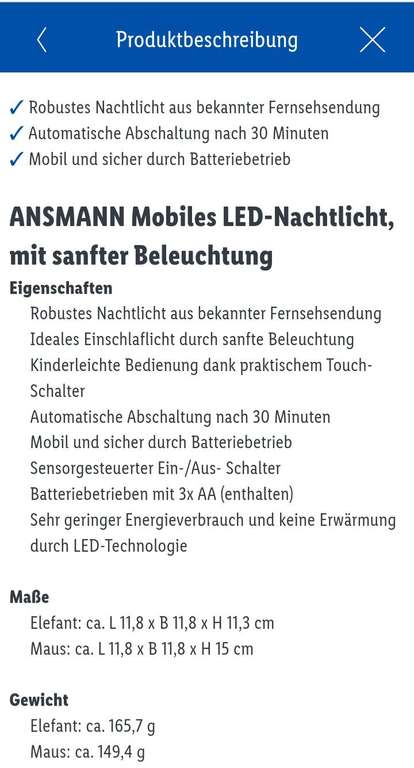 Lidl: LED Nachtlicht 'Maus' oder 'Elefant' inkl.Batterien, autom.Abschaltung nach 30 Min.//ab 16.03.23