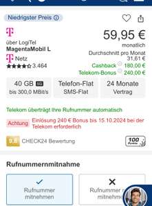 Telekom MagentaMobil L mit MagentaEins Unlimited check24 eff. 25,37€