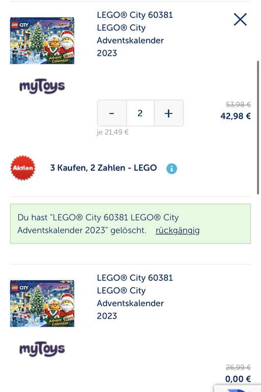 MyToys, Lego Aktion. 3 für 2 bei den Sets für unter 20€, gilt auch für den Adventskalender (14,23€ / Stück) (Versand entfällt bei Flat)