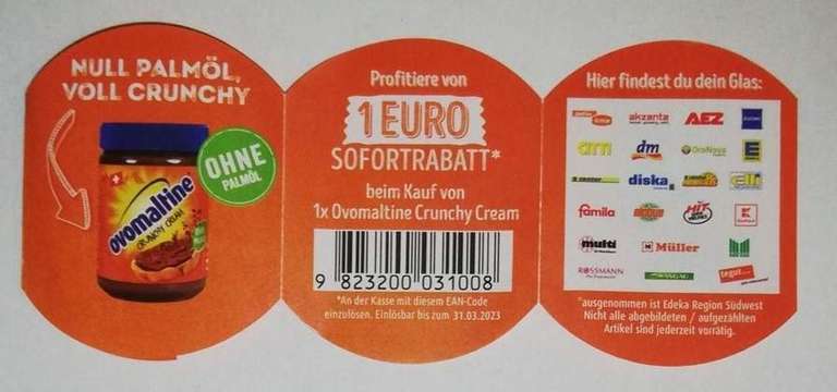 Ovomaltine Crunchy Cream 380 g Glas für 1,99 € (Angebot + Coupon) [Edeka Südbayern / Marktkauf] - ohne Palmöl
