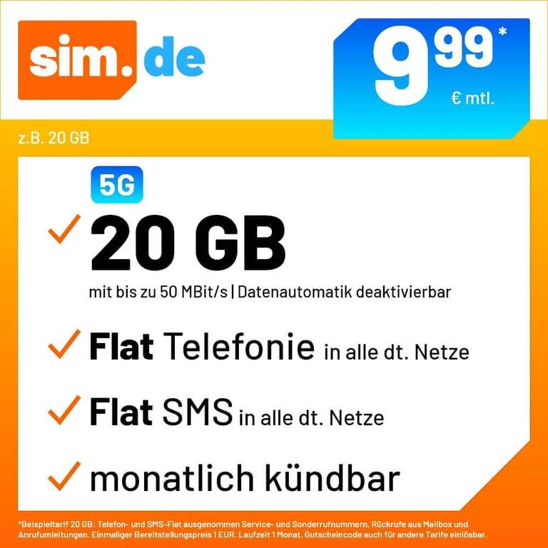 sim.de / handyvertrag.de | 17 GB 5G LTE +Allnet+SMS-Flat+VoLTE&WLAN Call für 7,99€/ 5,68€ Anschlussgebühr | 20GB 9,99€| 5GB 4,99€| 7GB 5,99€