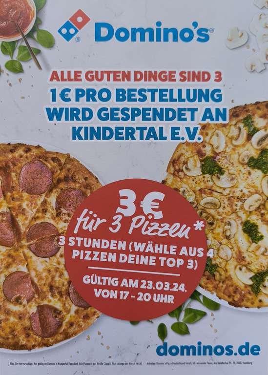 (lokal Wuppertal) dominos 3 Pizzen für 3€ am 23.03.24 & 30.03.24 von 17-20 Uhr, nur Abholung