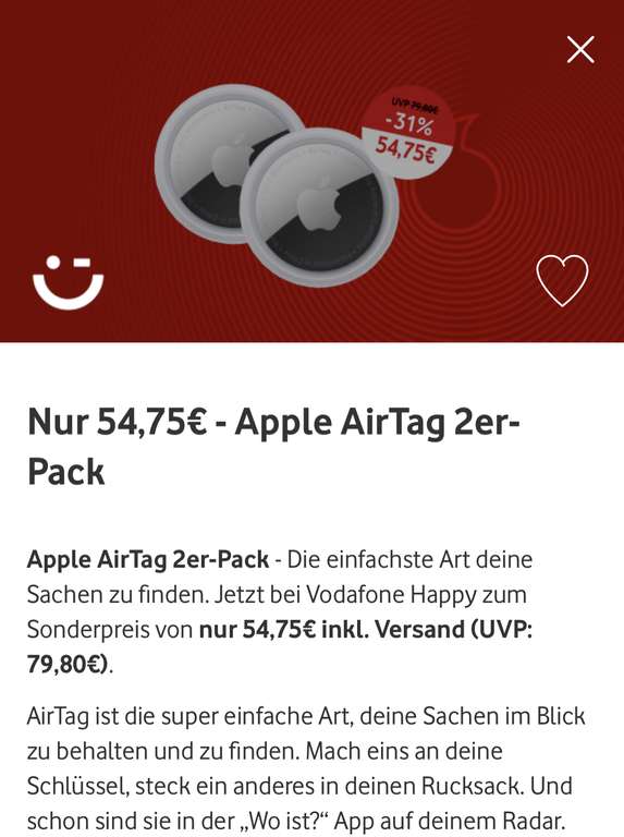 [Für Vodafone-Happy Kunden] 2x Apple AirTag für 54,75€ & HomePod Mini(blau) für 79,85€