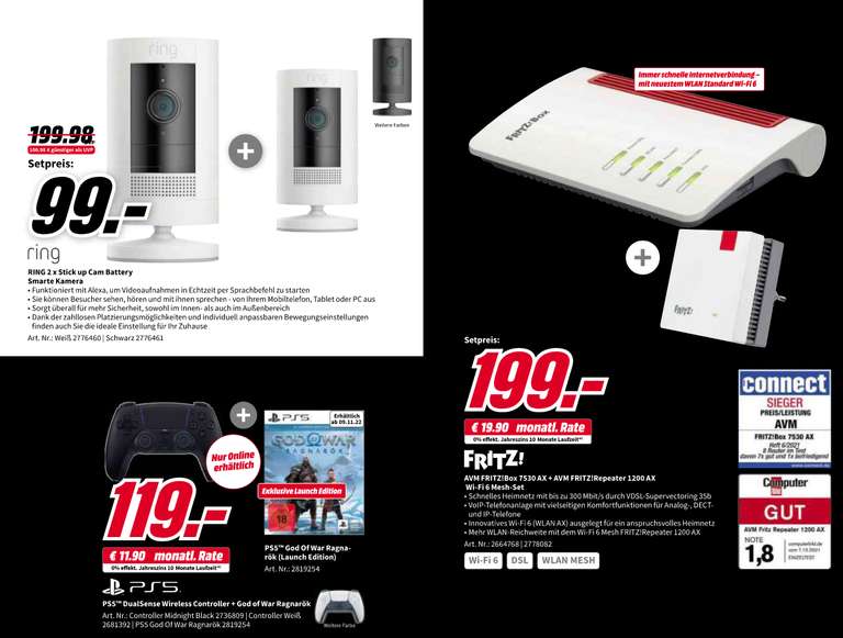 AVM FRITZ!Box 7530AX + FRITZ!Repeater 1200AX 199€ | Sony DualSense + God of War Ragnarök Launch Edition PS5 119€ | 2x Ring Stick Up Cam 99€