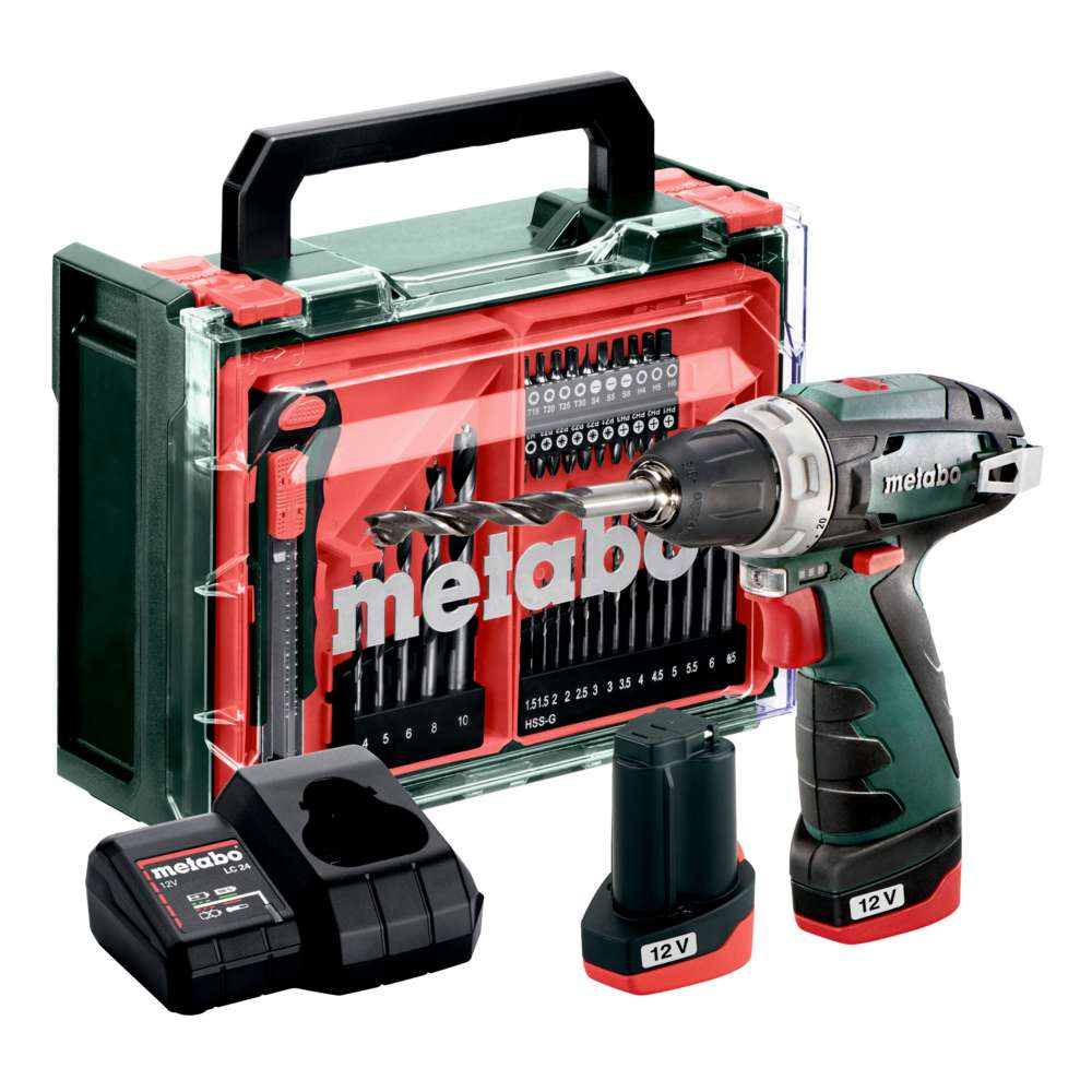 Metabo Akku-Bohrschrauber 'PowerMaxx BS Basic' 12 V mit 2 Akkus, Ladegerät, Bohrern und Bits im Koffer