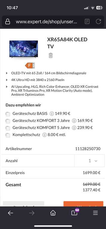 Sony XR65A84K OLED TV 65 Zoll (164 cm), 4K UHD, HDR