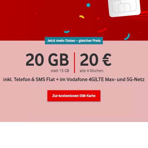 Vodafone Callya Digital 20GB/20€/4 Wochen + 30€ BestChoice Premium Gutschein NEUKUNDEN