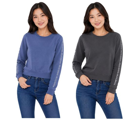 BRUNO BANANI - Damen Rundhals-Pullover mit Marken-Schriftzug am Ärmel | Gr. S, M, L | blau oder grau