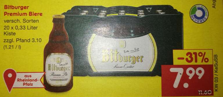 BIER - Bitburger Pils "Stubbi" 20x0,33 Liter für 7,99€ / Kiste im NETTO & Fernsehflaschen 9,60€ im KAUFLAND