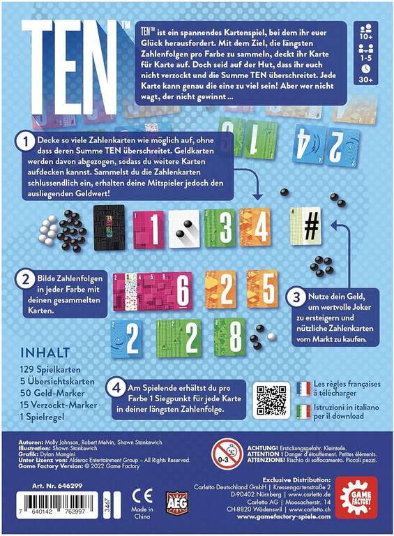 TEN | Kartenspiel (Push Your Luck / Set Collection) für 1-5 Personen ab 10 Jahren | ca. 30 Min. | BGG: 7.1 / Komplexität: 1.46