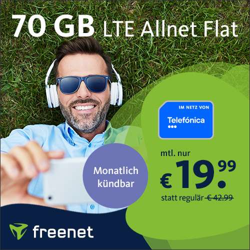 [Telefonica + SIM-Only] freenet o2 70 GB (LTE 225 Mbit/s) für mtl. 19,99€ mit Allnet, VoLTE & WLAN Call + mtl. kündbar | GG auf Lebenszeit