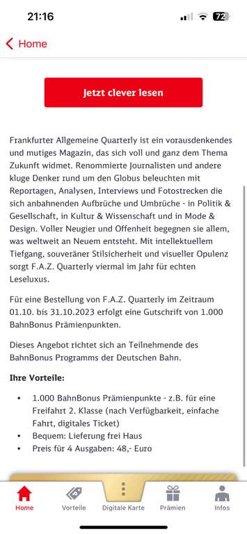 1000 BahnBonus Punkte für 48€ durch 4 Ausgaben F.A.Z. Quarterly Magazin (12 Monate)