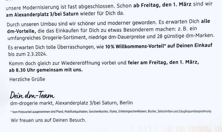 dm Berlin 10% Rabatt bei Wiedereröffnung