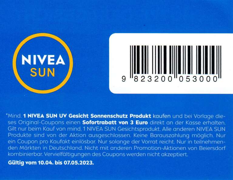 [Drogerie Müller] 3€ Coupon für ein Nivea Sun UV Gesicht Sonnenschutz Produkt